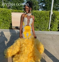 yellow high neck long prom dress for black girls sexy beaded crystal appliques evening gowns ruffles birthday party gown mermaid