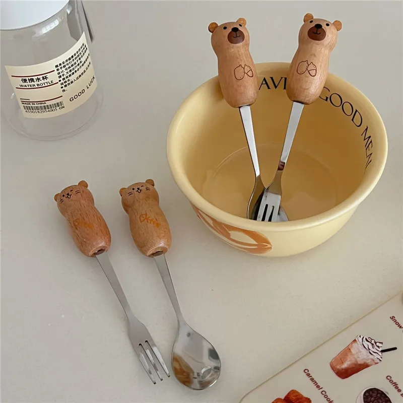 

Cartoon Bear Cutlery Set Kids Stainless Steel Fork Spoon with Wooden Handle Travel Camping Picnic Flatware Utensil Set Tableware