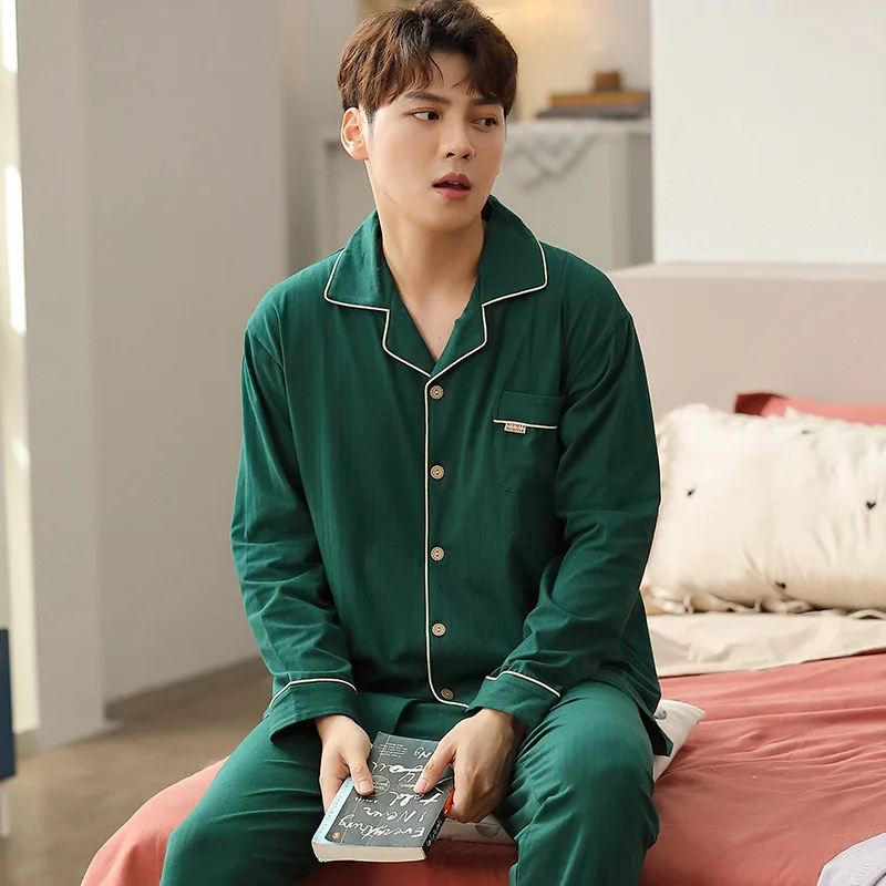 Pajamas for Men Cotton Solid Long Sleeve Thin Button Tops Loose Pants Homewear Two Piece Set Sleep Wear Mens Nightwear Pjs