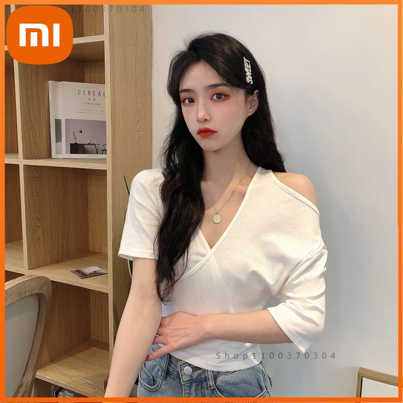 

Xiaomi 3 Size M L Xl White Simple V-neck Korean Fashion Summer Casual Loose All Match Short Sleeve Women Top T-shirts