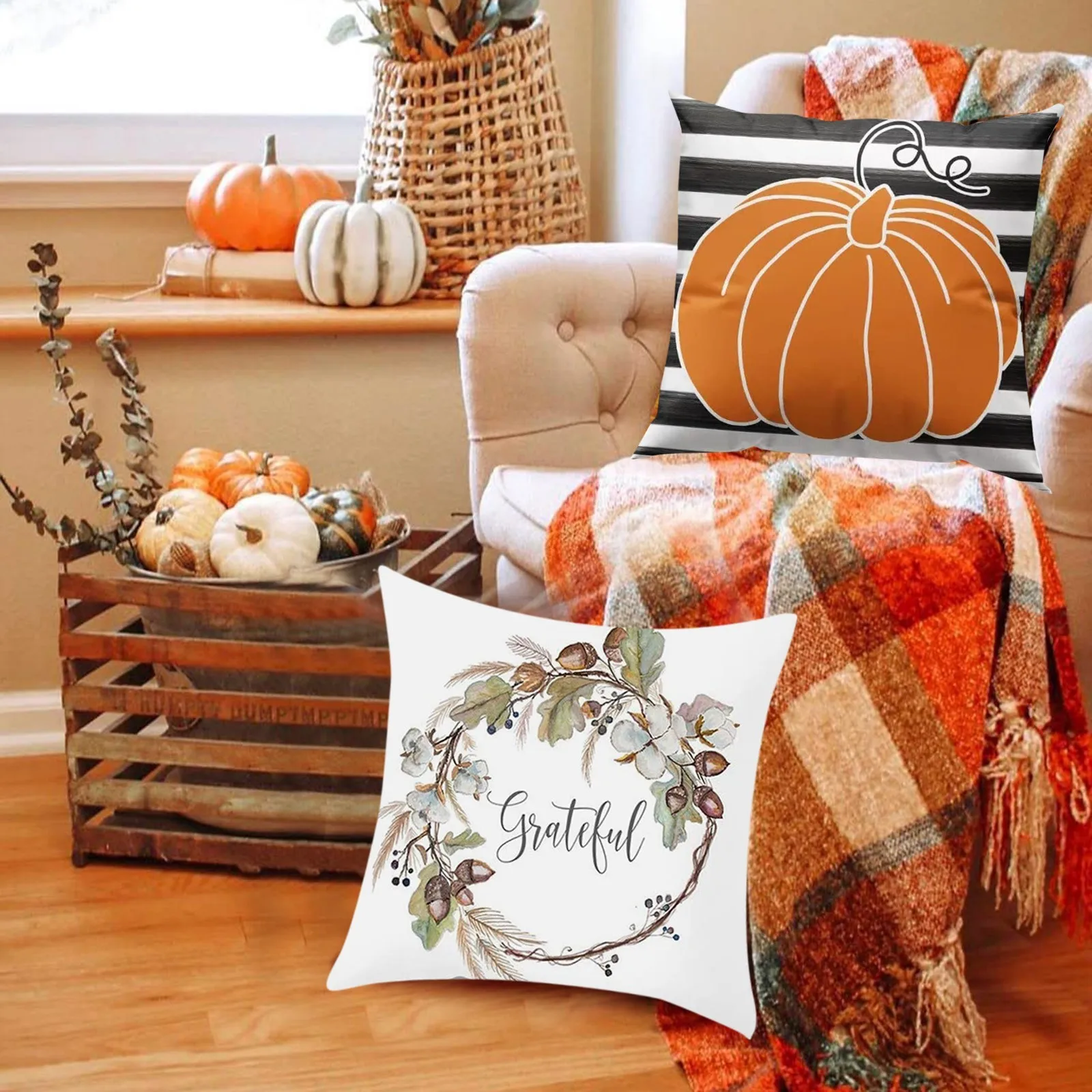Autumn Decorative Pillow Case Set Pumpkin Farmhouse Decorati