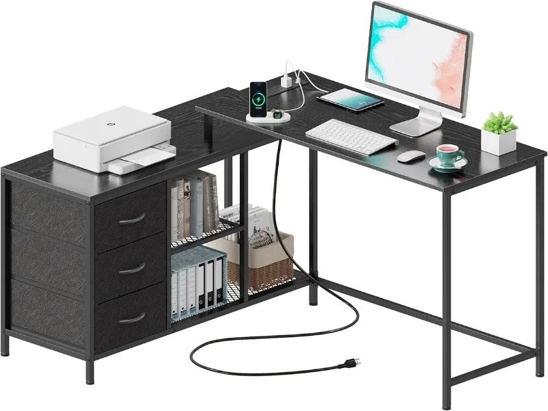 

Стол L-образный с выходами питания, компьютерный стол с ящиками и полками, угловой игровой стол для дома и офиса, черный