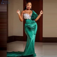 layout niceb green velvet evening dresses illusion long sleeves mermaid prom gowns sheer neck appliqus women party wear