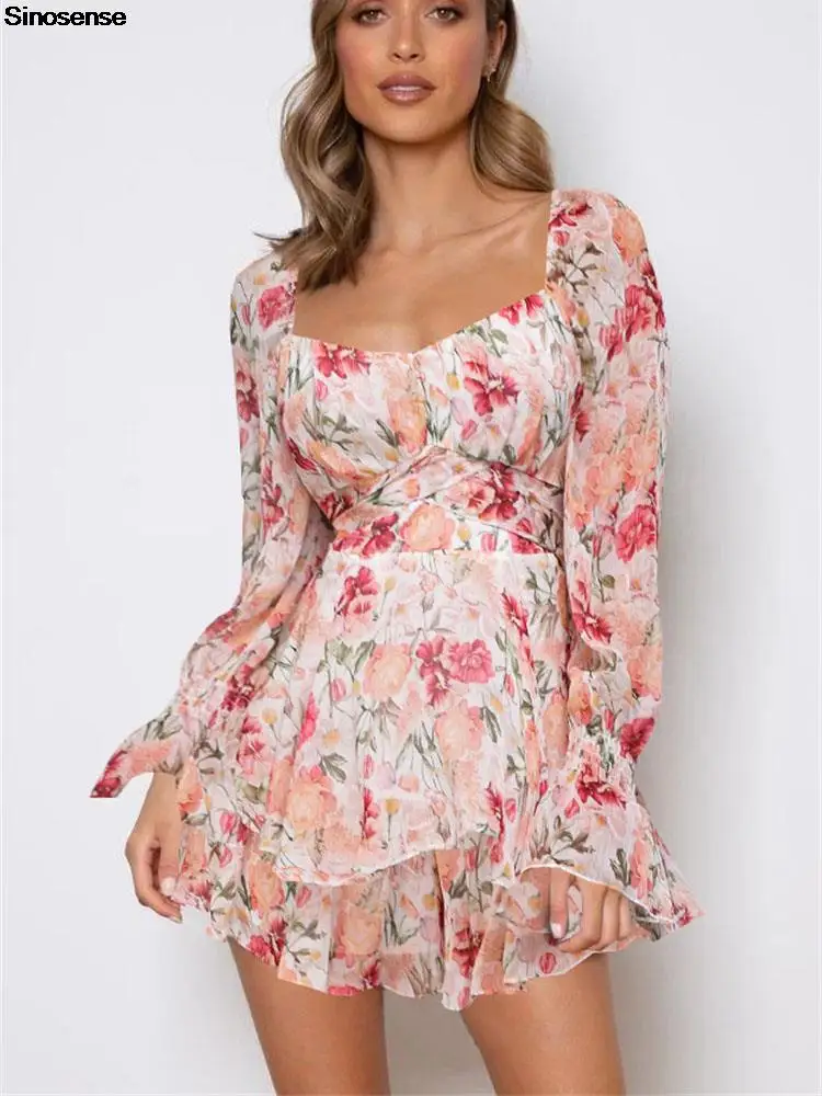 

Women Floral Print Summer Boho Beach Romper Sexy Overalls Double Layer Ruffle Hem Short Jumpsuit Long Sleeve Waist Tie Playsuits
