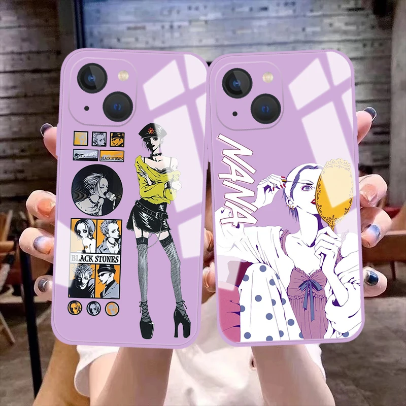 

Cute Anime Nana Osaki Phone Cover For iPhone 11 12 13 14 Pro Max X XR XSMax 13 Mini Purple Tempered reflective Glass bumper Case