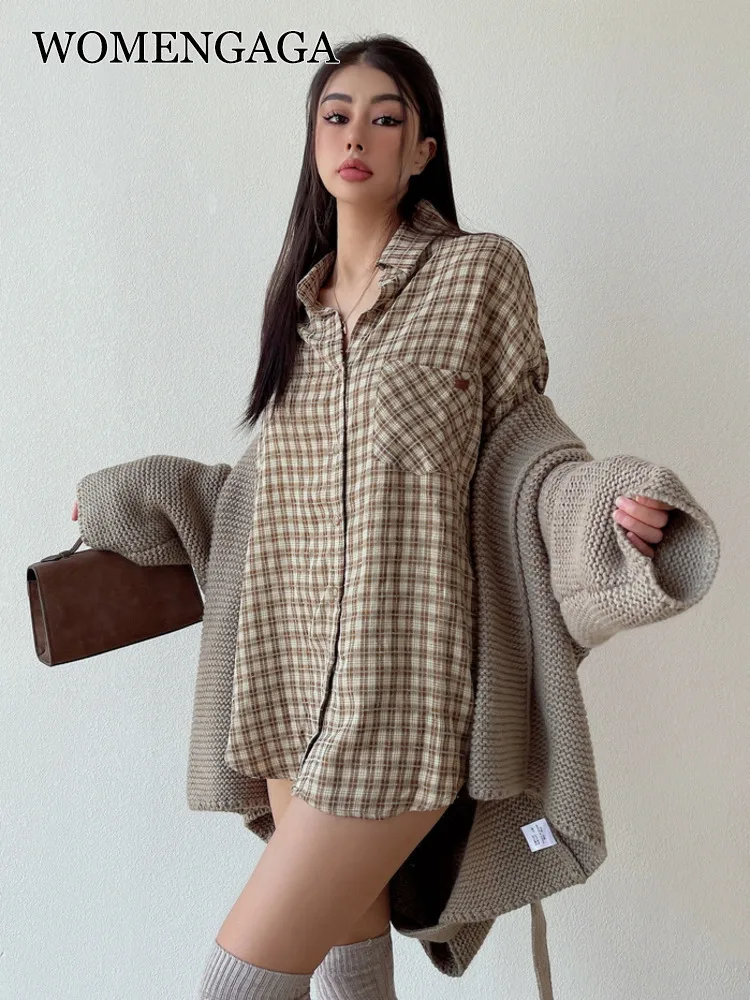 

Женская клетчатая рубашка с воротником на пуговицах, с длинным рукавом