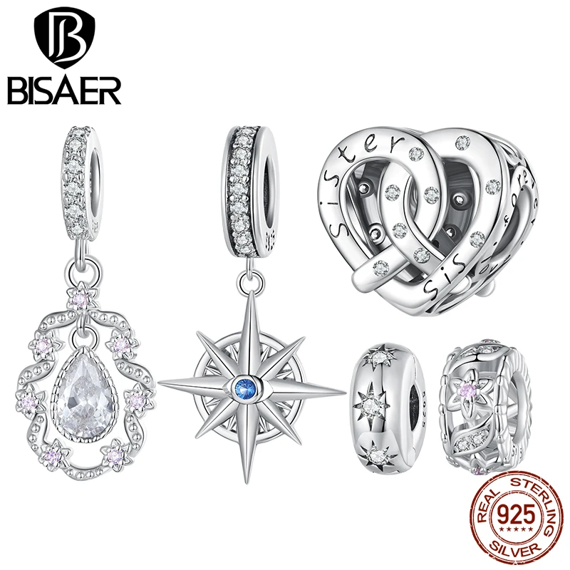 

BISAER 925 Sterling Silver Hexagram Charm Compass Bead Vintage Blue Pendant For Women Bracelet Necklace DIY Fine Jewelry ECC2422