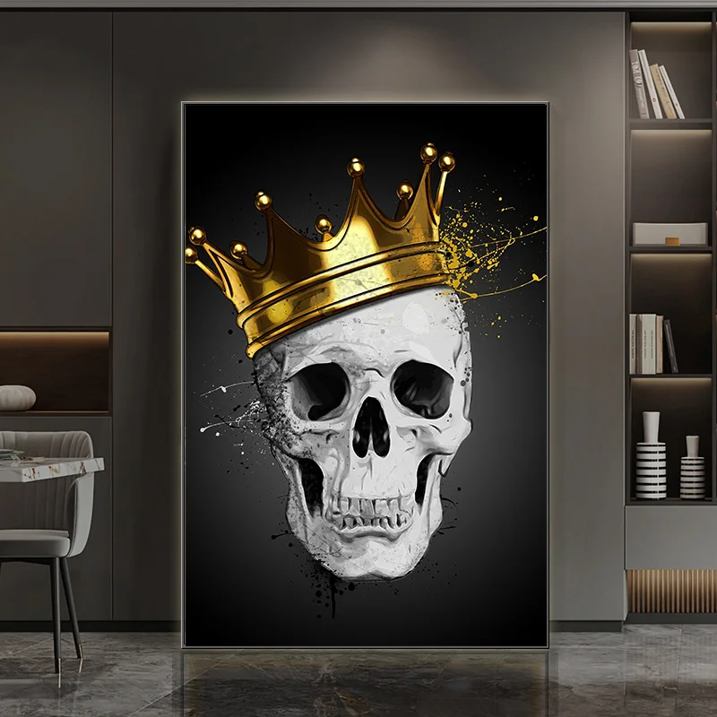 

Череп с короной король Искусство Холст Живопись золотой череп роскошные настенные художественные плакаты крутая личность роспись картины ...