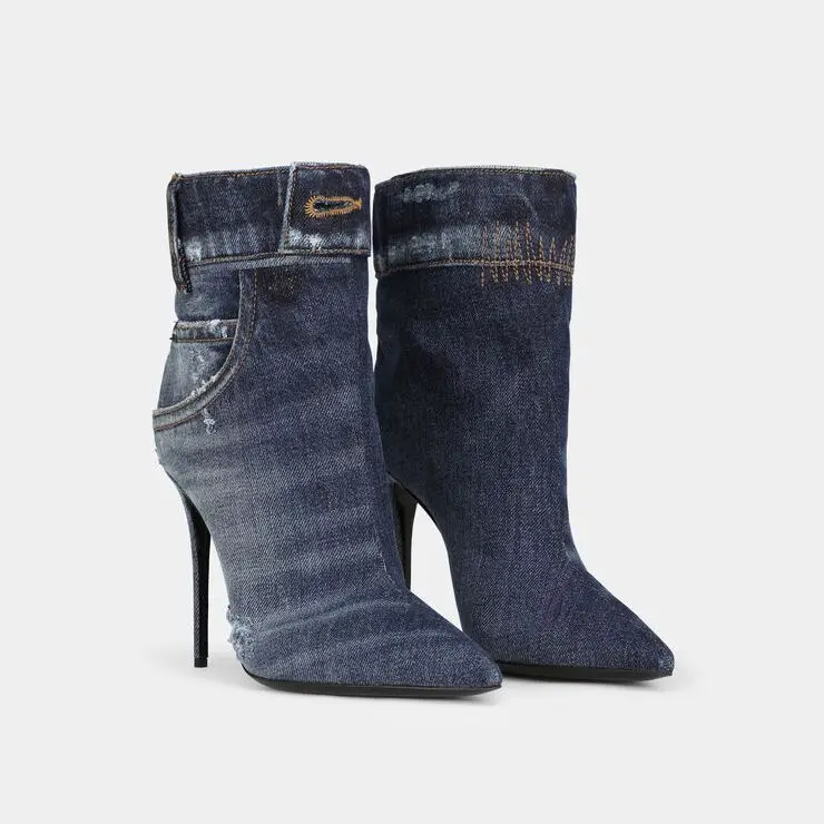 

Лоскутные Джинсовые Ботильоны черные/синие с карманами и заостренным носком на высоком каблуке-шпильке, короткие ботинки, дизайнерские строгие туфли без шнуровки