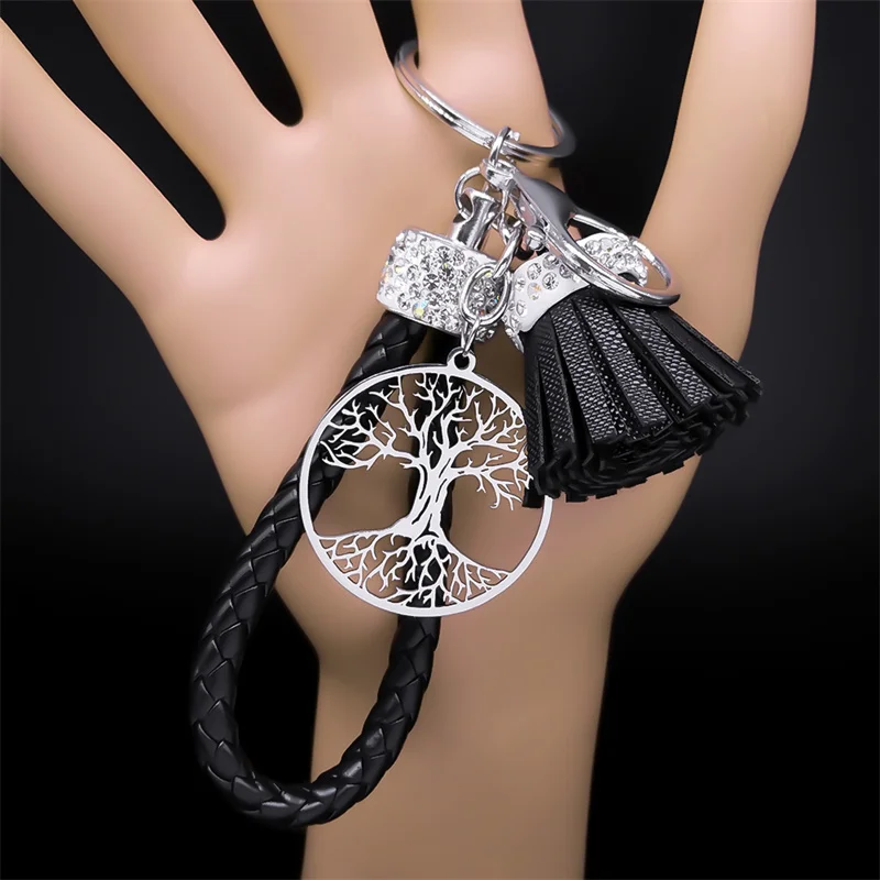 

Tree of Life Stainless Steel Pendant Keychain for Women Men Silver Color Crystal PU Leather Keyring Holder Jewelry porte clé