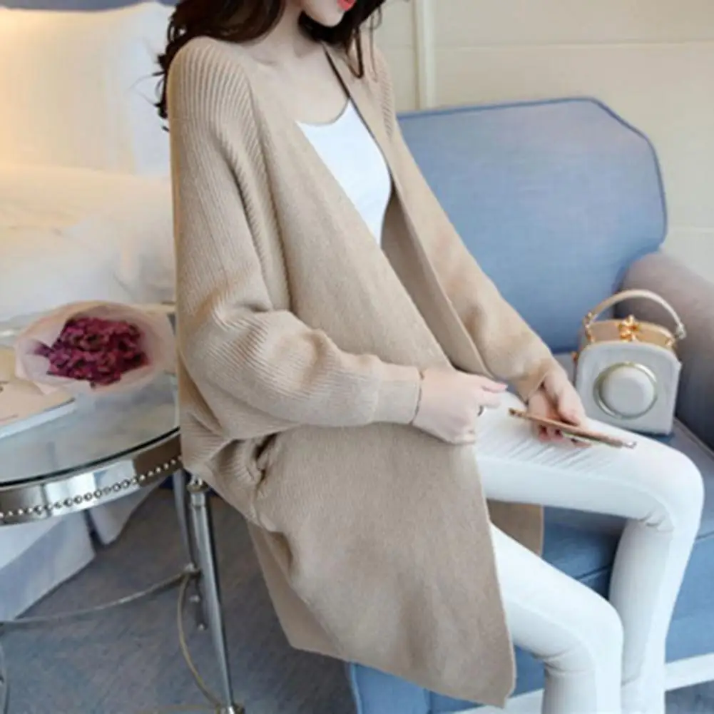 

Women Autumn Coat Batwing Sleeves Solid Color Midi Length Elastic Stretchy Loose Knitting Thick Knee Length Lady Winter Jacket