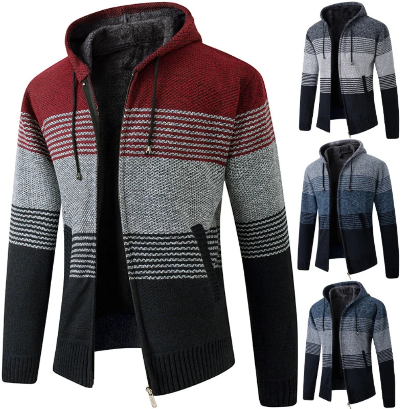 Autumn and Winter New Men's Warm Wool Knitted Sequoia Hoodie with Sequoia Zipper Color Block Sweater Casual Sports Coat Jacket