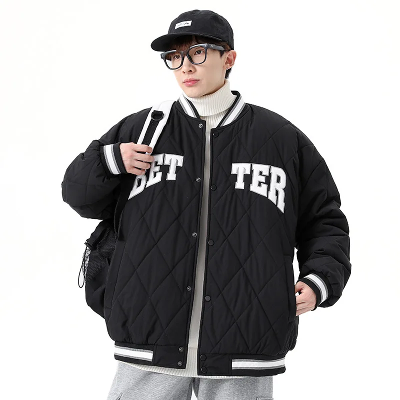 Winter fashion padded warm couple cotton Jacket Men's loose lambswool cotton letter embroidery Jacket Men's Clothing Parkas