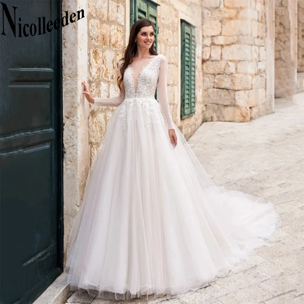 

Nicolle Princess Scoop Long Sleeves Backless Pleat Wedding Dresses For Women Lace Appliques Vestido De Casamento Personalised