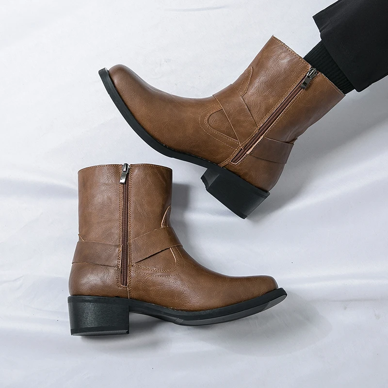 Мужские ботинки из искусственной кожи однотонные на молнии сбоку низком каблуке