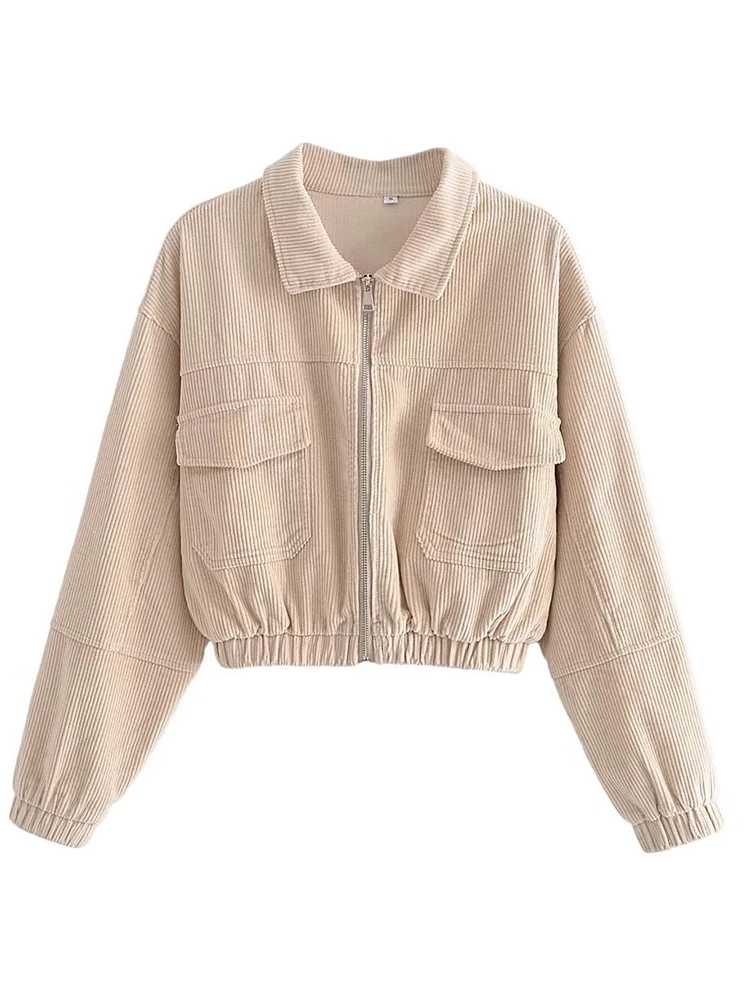

YENKYE New Autumn Women Beige Cropped Corduroy Jacket Coat Vintage Pockets Zipper Female Casual Short Outerwear