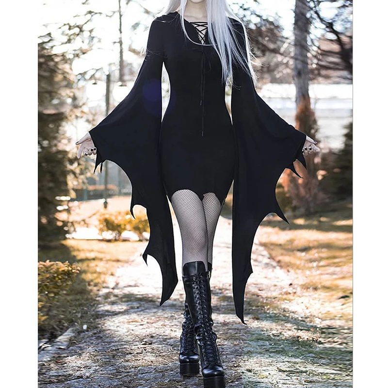 

Women Fashion Long Sleeve Skinny Black Mini Dress V-Neck Halloween Lace-up Batwing Sleeve Bodycon Dress