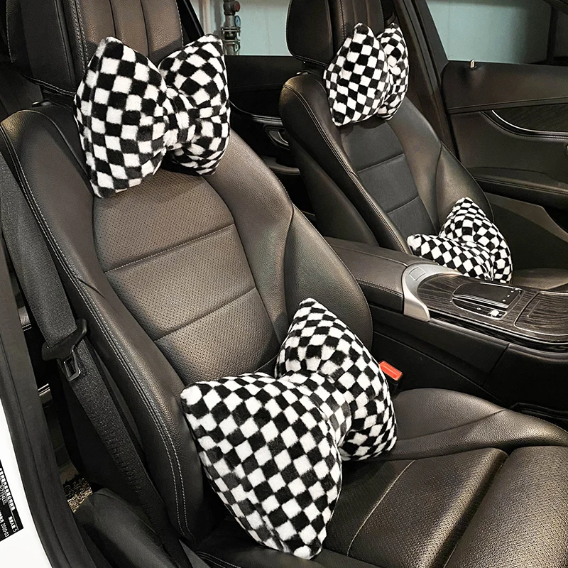 

Car headrest neck pillow winter plush car pillow waist checkerboard winter warm car cervical pillow female