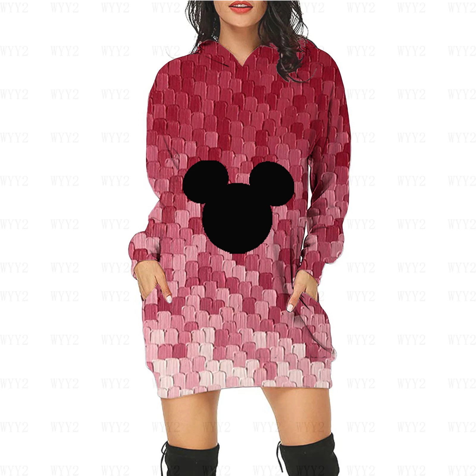 

Disney Women's Cartoon Print Retro Geometry Elegant Fashion Autumn Winter Hoodie Casual Sexy Dress Loose Ladies Pullover