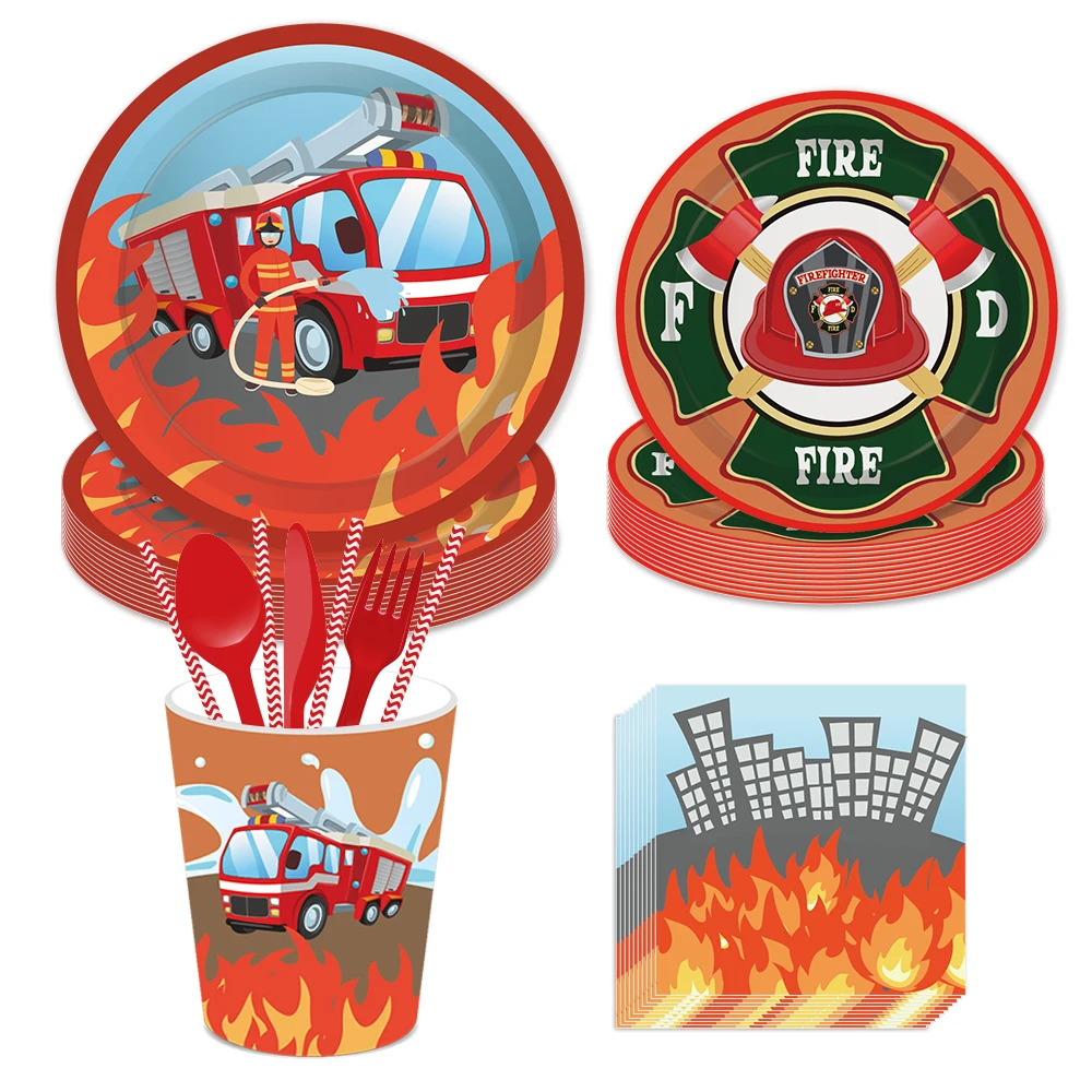

Cartoon Cosplay Firefighter Fireman Birthday Party Disposable Tableware Sets Plates Cups Napkins Baby Shower Party Decorations