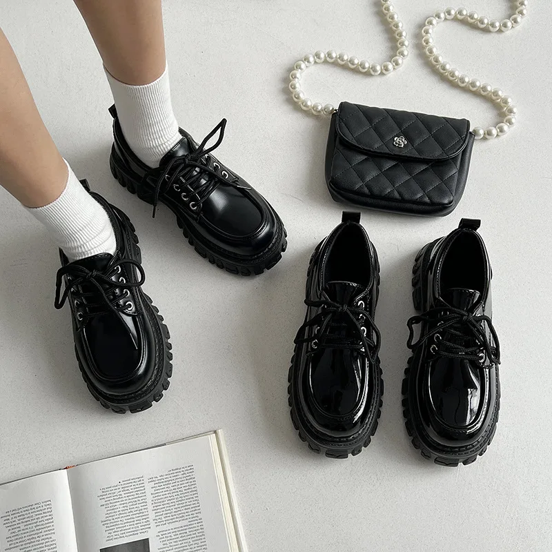 

Solid Black Leather Shoes for Women 2023 Spring Autumn New Lace-up England Style Retro Fashion All-match Flat Platform Shoes