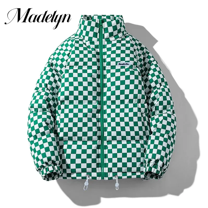 Winter Coat Men Clothing Thick Warm Down Cotton Jackets Fashion Standing Collar Plaid Print for Women Casual Waterproof Parkas