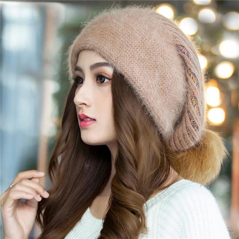 

Winter Women Fleece Knitted Hat Wool Rabbit Fur Fashion Warm Earflap Blended Solid Hats Leisure Windproof Females Skullies Caps