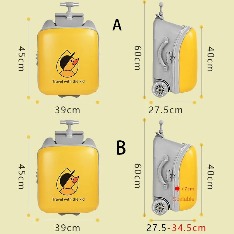 Children Cartoon ride on carry on suitcase new 2023 Lazy kids trolley case box scooter suitcase rolling luggage yellow duck