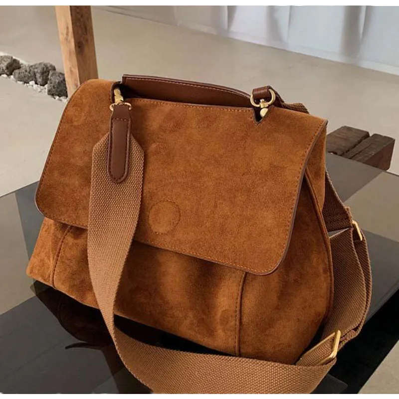 

Nubuck PU Leather Flap Shoulder Bags For Women Vintage Wide Strap Crossbody Bag Large Capacity Women Designer Handbags Tote Bag