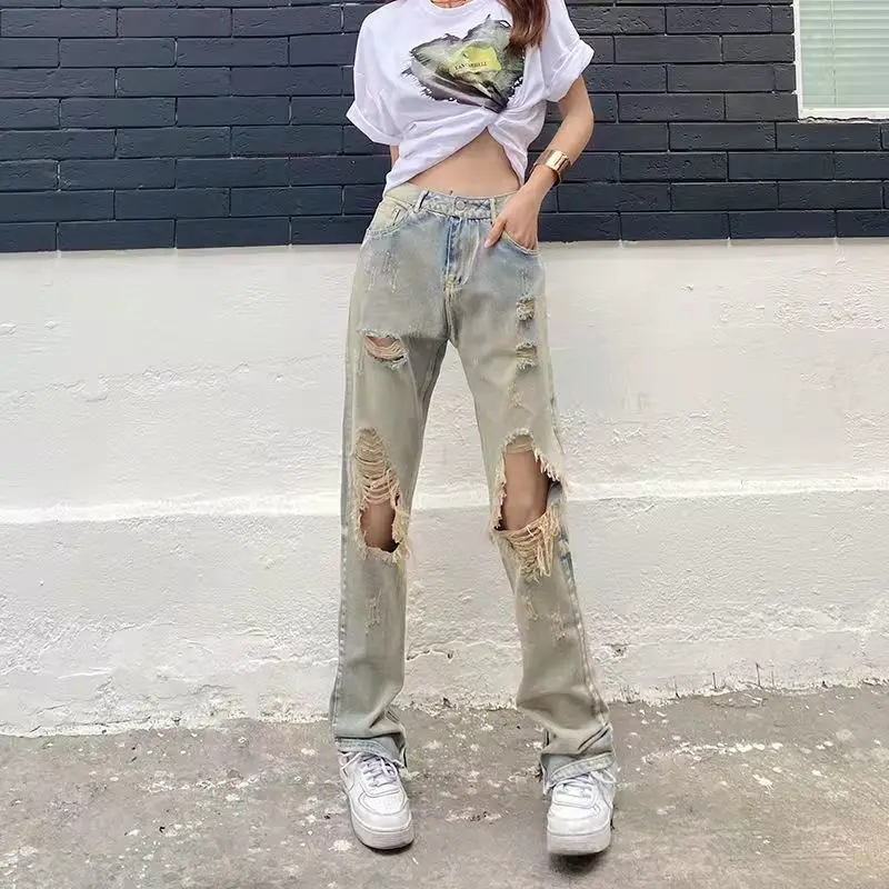 STSVZORR spring and summer ripped straight jeans female vibe high waist high street tide personality hiphop high street