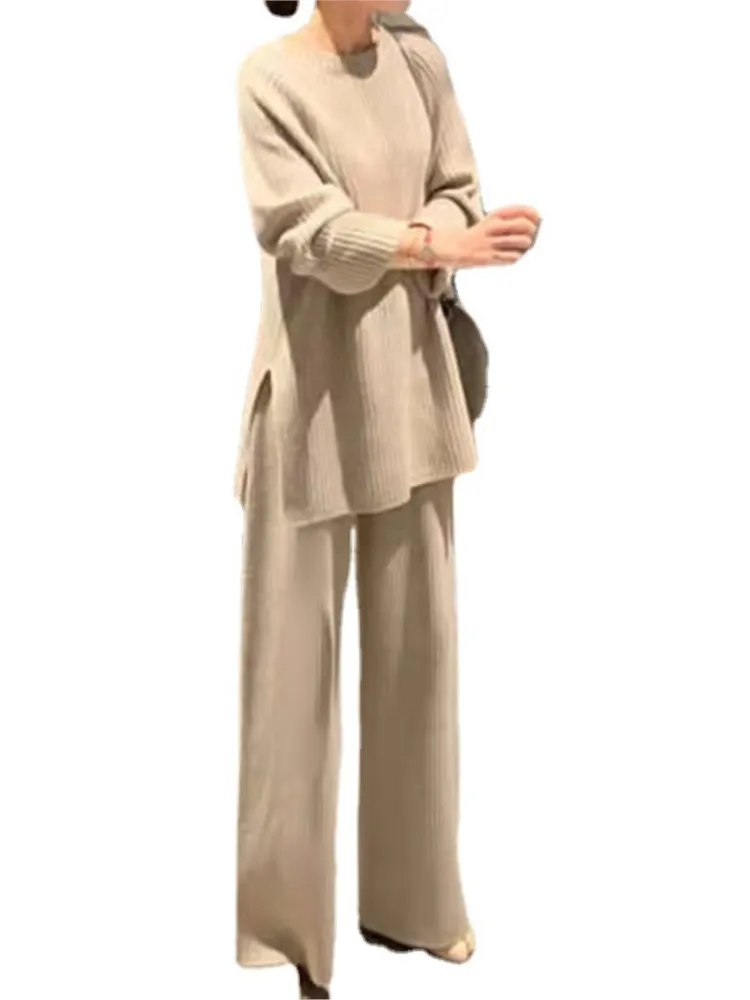 Осень-зима 2024 новые женские модные возрастные брюки из двух предметов вязаный