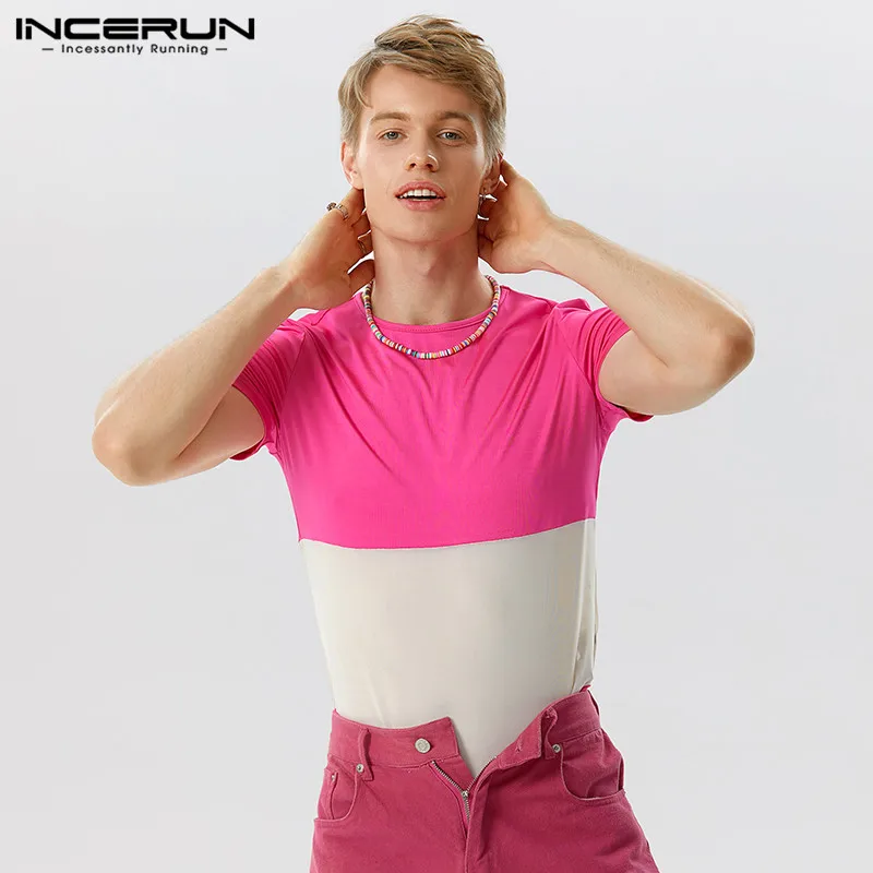 

Мужские комбинезоны, сетчатые Лоскутные прозрачные летние мужские комбинезоны 2023 с круглым вырезом и коротким рукавом, Сексуальная Уютная футболка, боди