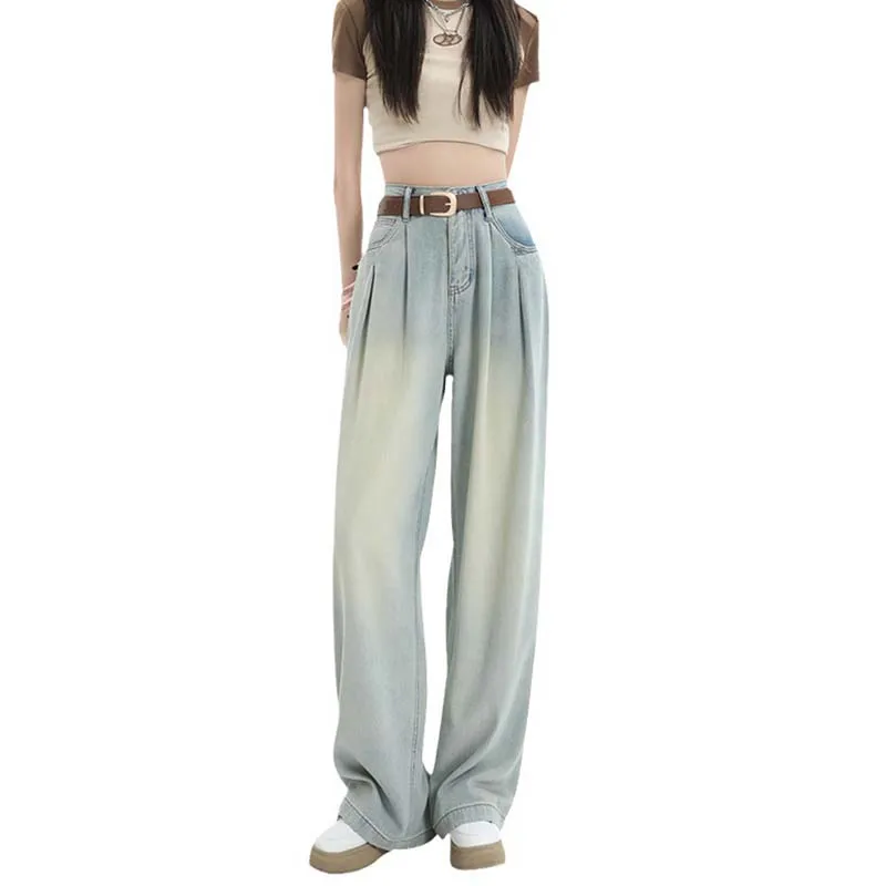 Women Fashion Versatile Vintage Wide Leg Pants Loose Pleated Straight Jeans Fashion Casual New Double Pockets Korean Trousers