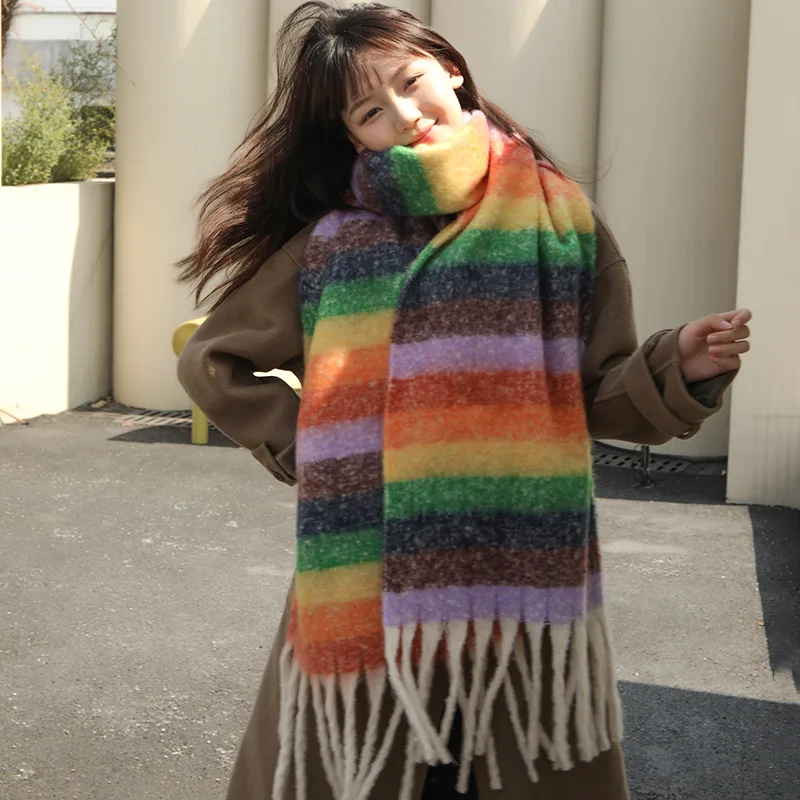 

Женский шарф в радужную клетку, зимний теплый кашемировый шарф в полоску, с кисточками, универсальный, с простой талией, 2022