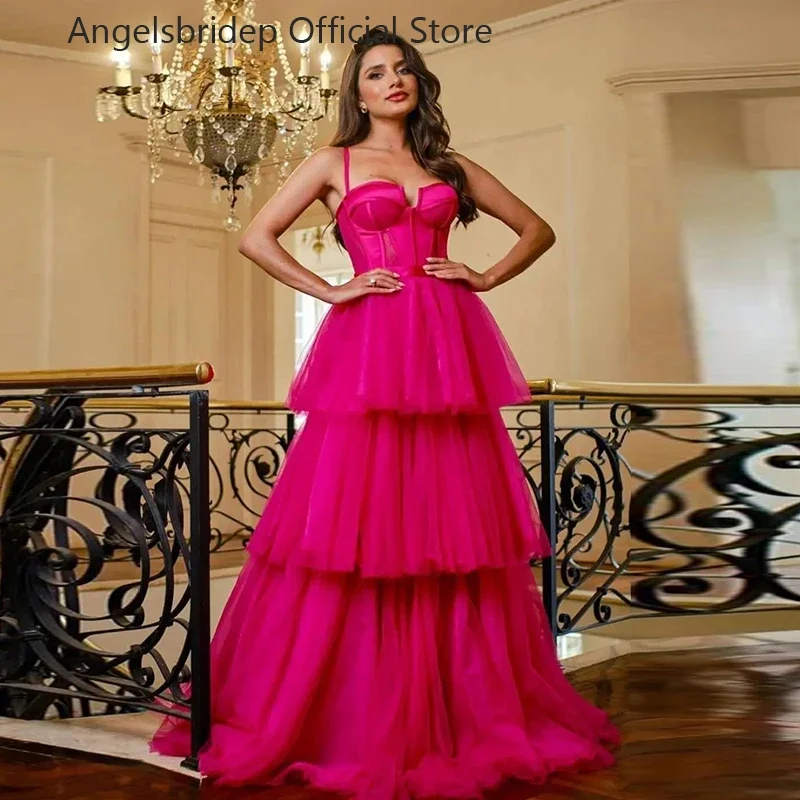 

Gorgeous Tiered Tulle Prom Dresses Sweetheart Spaghetti Straps A-Line Fuchsia Evening Party Dresses Long Prom Gowns