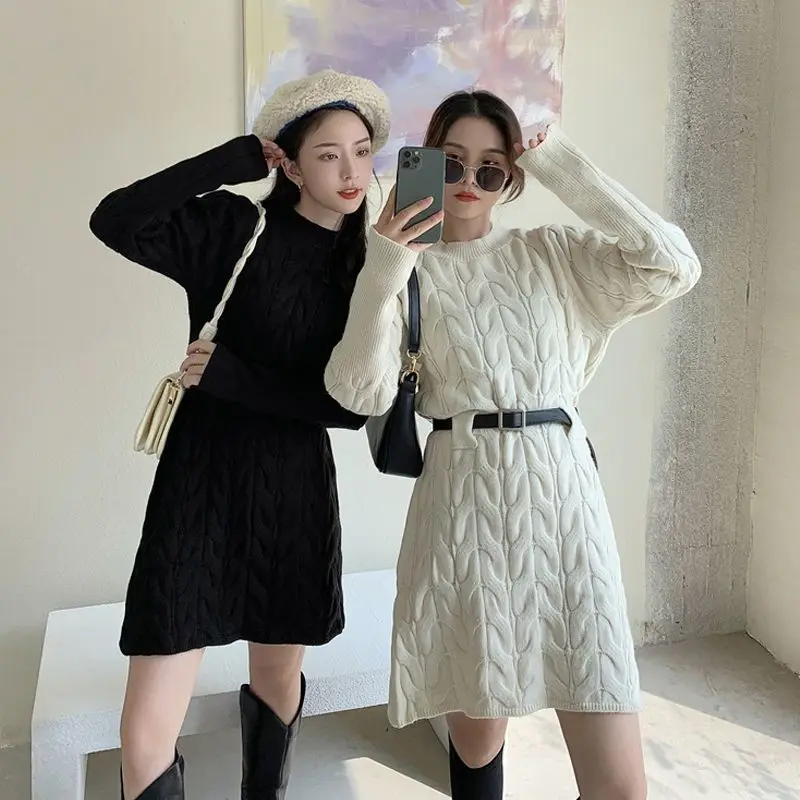 

Women Autumn Knitted Dress Female Slim Elastic Streetwear Oversize Basic Bodycon Long Dress Ladies Knit Warm Sweater Dress G248