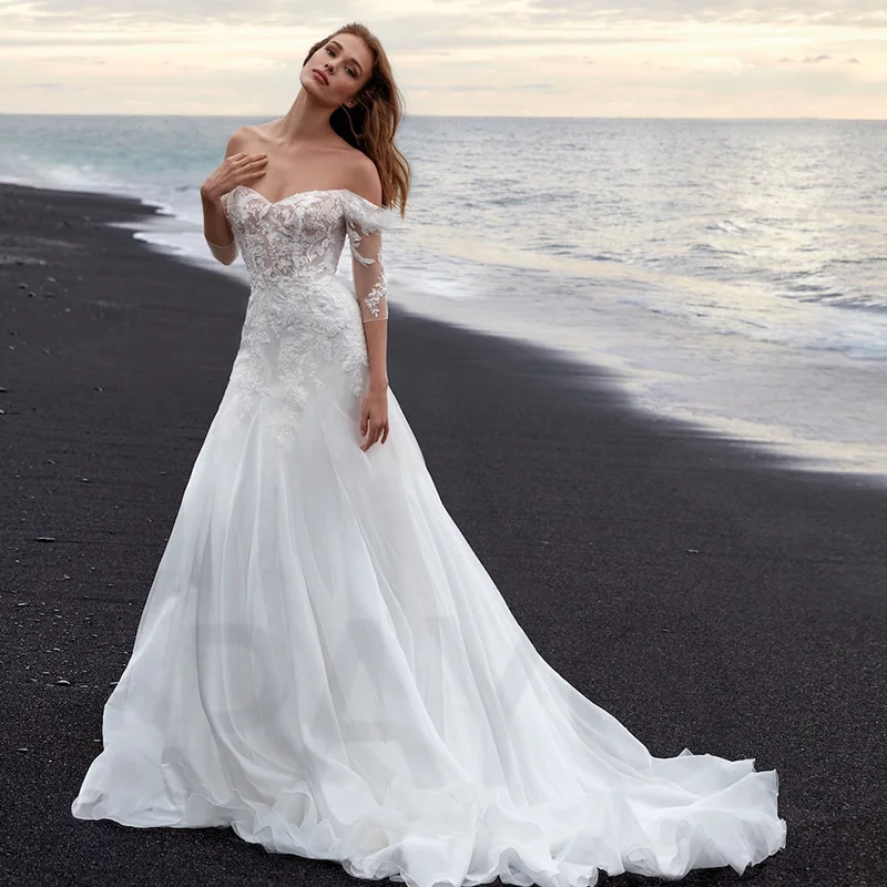

Simple Elegant Wedding Dress Luxury Tulle Off the Shoulder Exquisite Appliques Buttons Beach Robe De Mariee Gown Women 2022