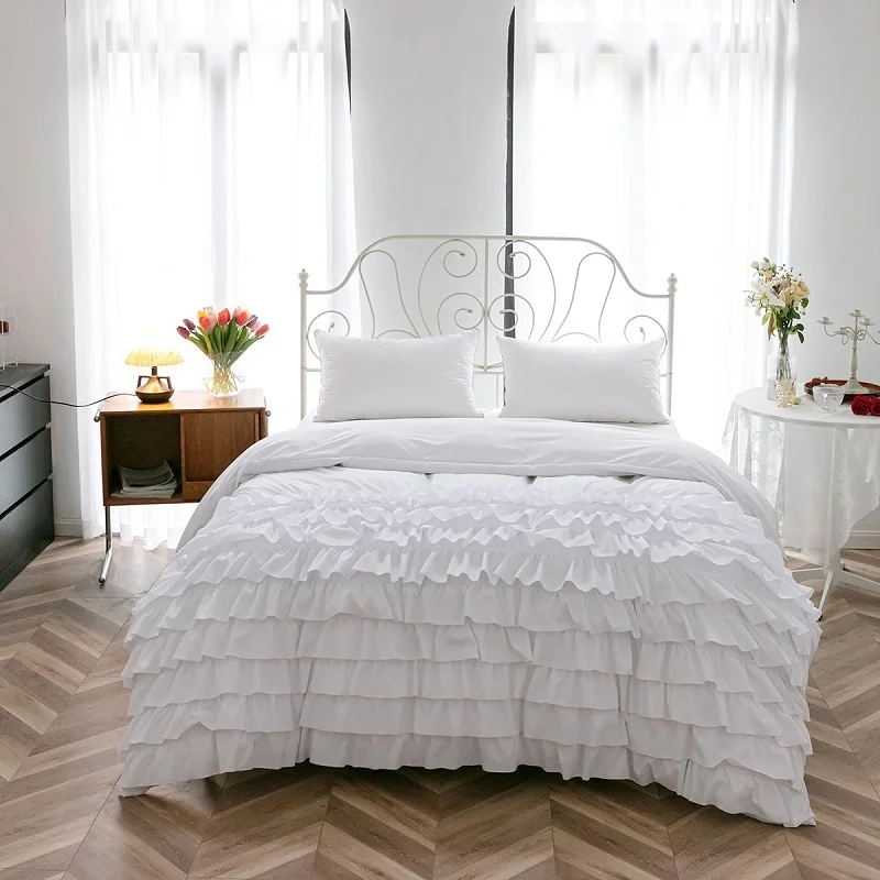 

White Romantic Ruffles Princess Bedding With Pillowcase 200x200 Nordic Quilt Cover Set Single Double Twin Queen US King Size