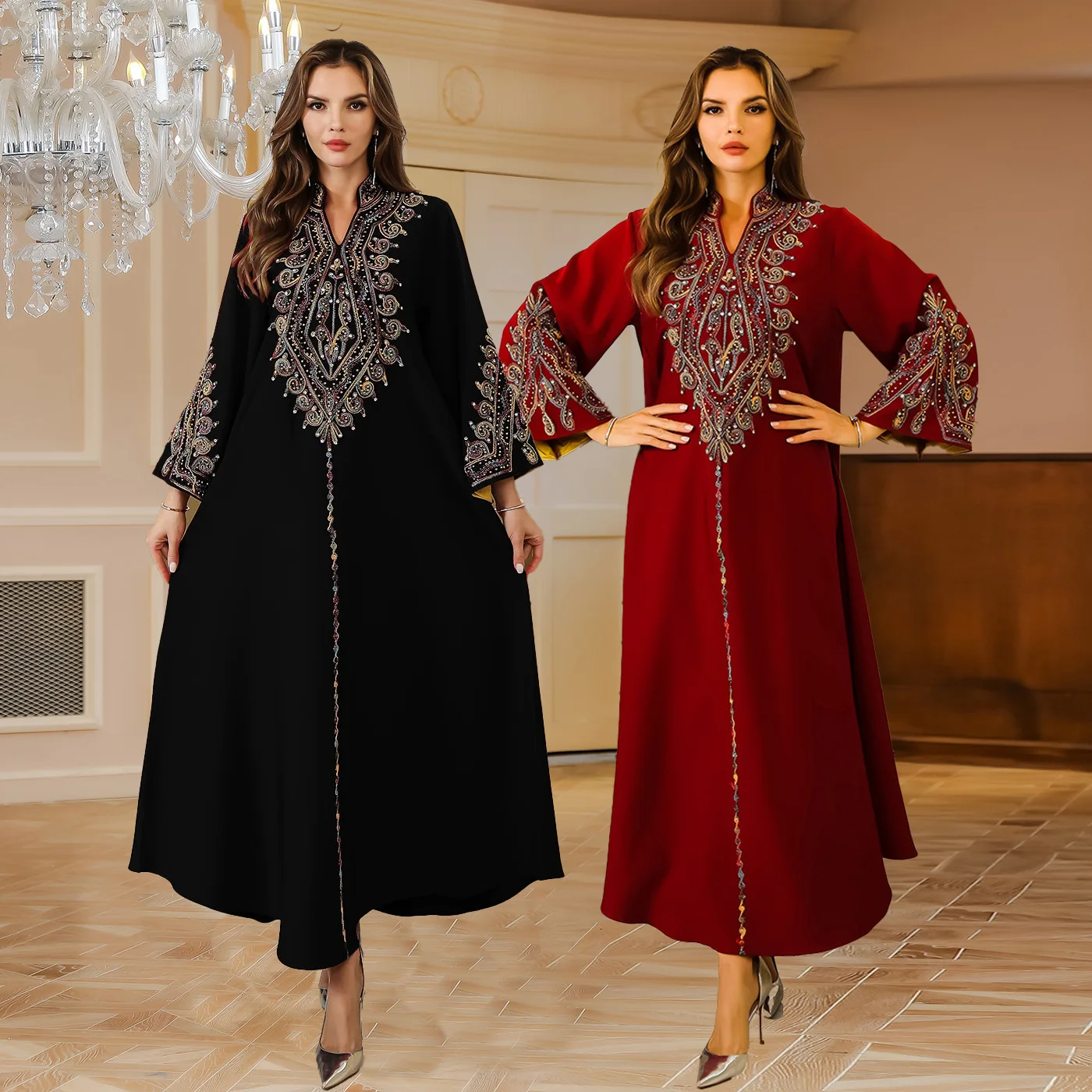 Фото Роскошная абайя из Дубая с вышивкой, кафтан, исламское женское платье, элегантное мусульманское платье, турецкая скромная вечерняя одежда, платья для праздника Ид. №1