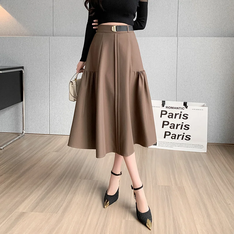 

Длинная юбка, коричневая корейская мода, черная миди-юбка с высокой талией, Женская Новая Элегантная трапециевидная юбка, плиссированные юбки для девочек, 2023