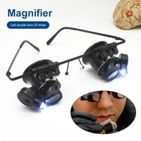 professional 20x magnifier double eye glasses type watch repair jeweler inspect tool magnifier with two adjustable led lights