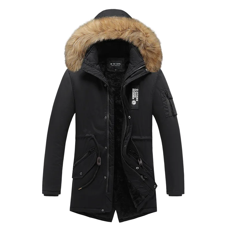 Men's Fashion Mid-length Plus Velvet Thick Padded Jacket Winter Detachable Hooded Warm Jacket Korean Style Clothes for Men