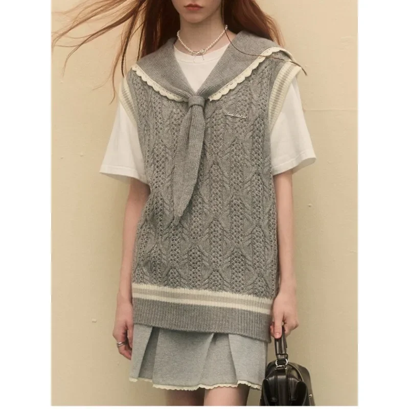 

Vintage Sailor Collar Sweater Argyle Vest Women Grey Sleeveless V-neck Knitwear Pullovers Preppy Style School Clothes