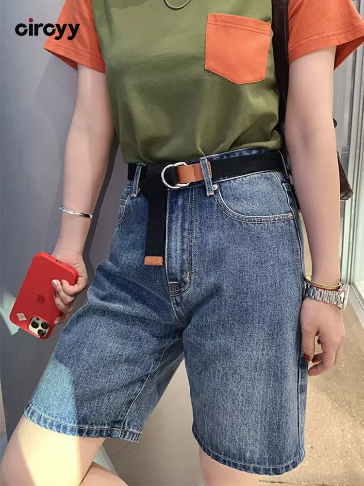 

NEW IN Jeans Shorts Women High Waisted A-Line Washed Knee Length Pockets Spring 2022 New Fashion Casual Office Lady Denim Pants