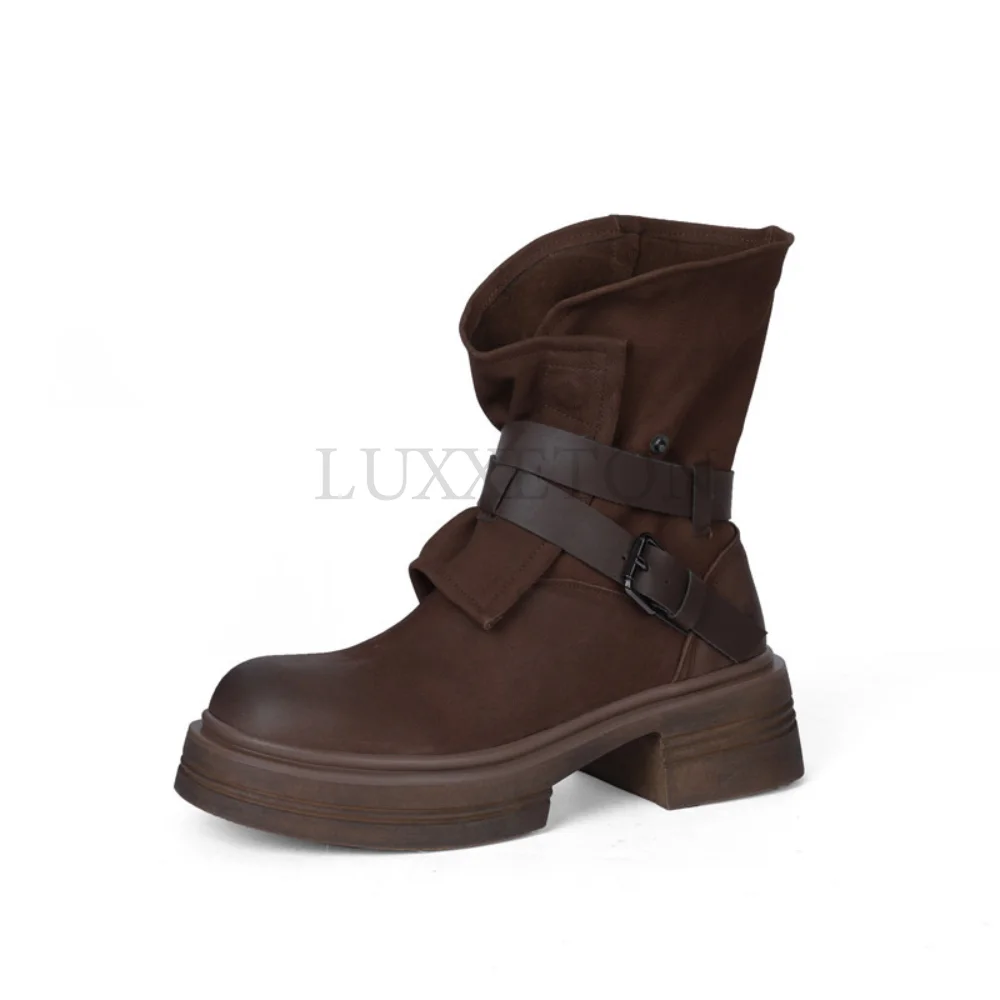 Autumn/Winter Women Boots Round Toe Chunky Heel Shoes Women Genuine Leather Boots Zipper Short Boots Motorcycle Boots for Women