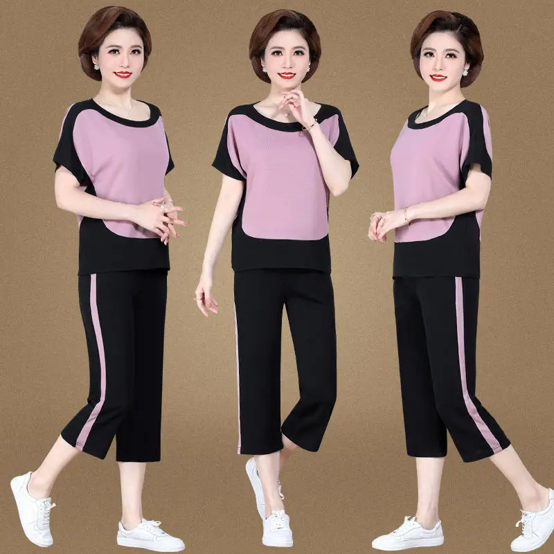 

Two Piece Sets Middle-aged Womens Outfits 2023 Summer Casual Short-sleeve T-shirt Top and Pants Suits Tracksuits Women Y817