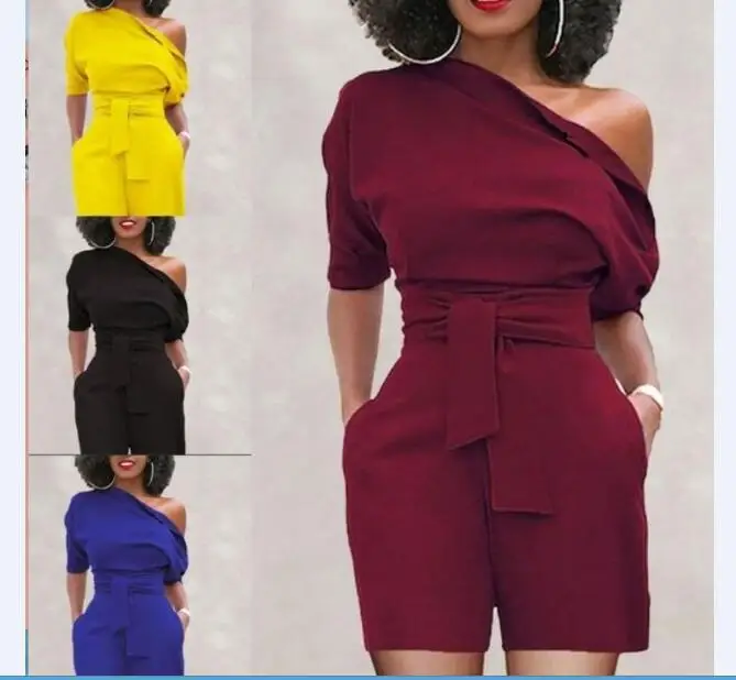 

2022 Women's diagonal shoulder button one-piece shorts with belt