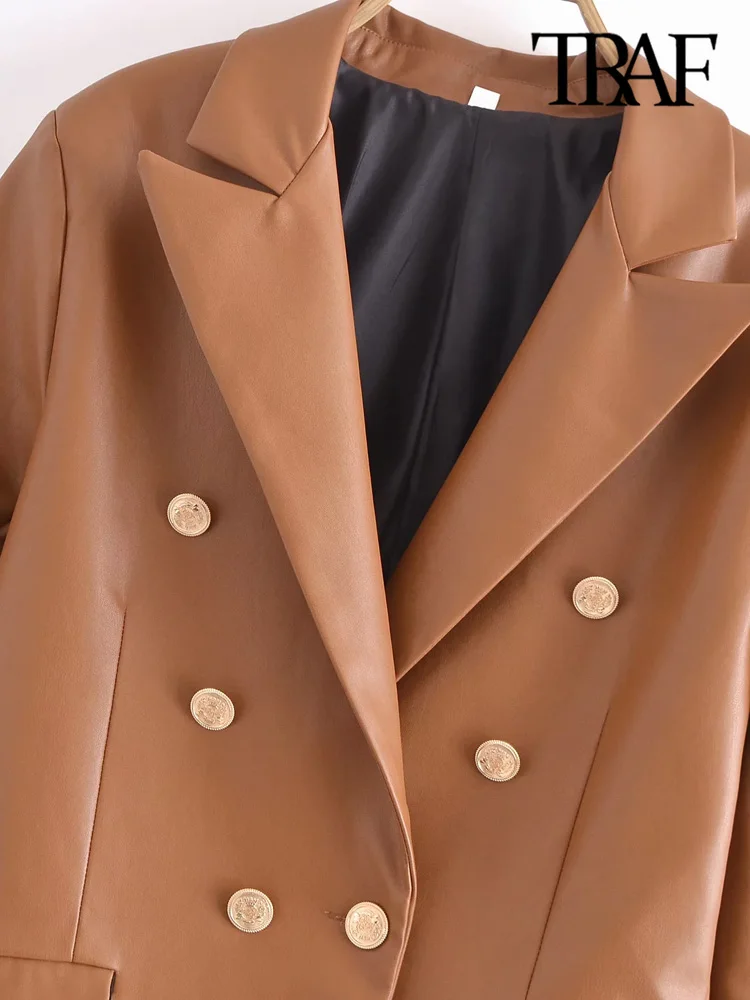 Женский блейзер из искусственной кожи TRAF винтажный с длинными рукавами и