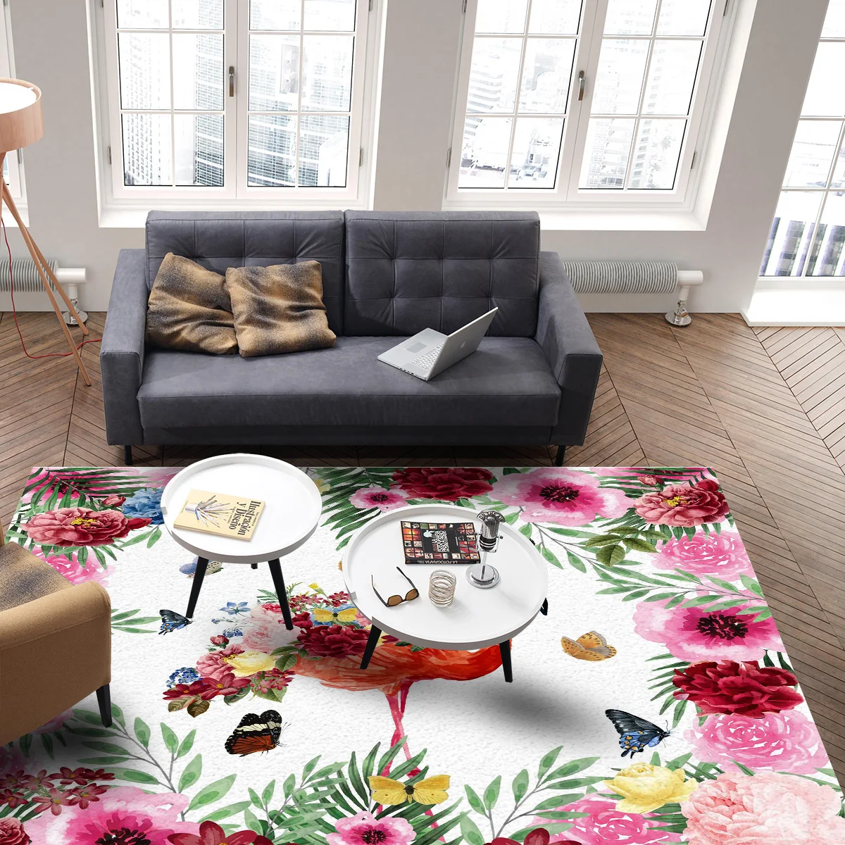 Тропический акварельный ковер с фламинго цветами бабочками декоративные