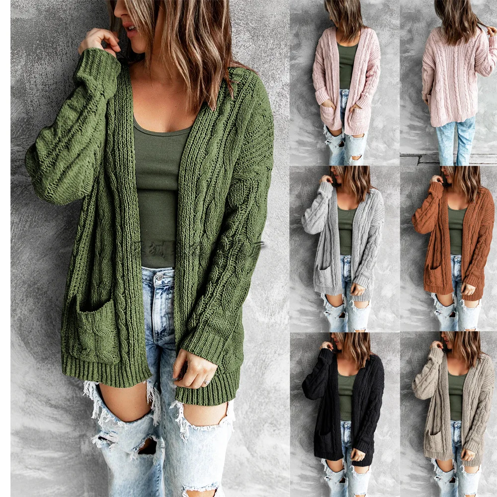 Женский вязаный кардиган средней длины, свободный Однотонный свитер с витой веревкой, Осень-зима Женский вязаный кардиган средней длины, свободный Однотонный свитер с витой веревкой, Осень-зима